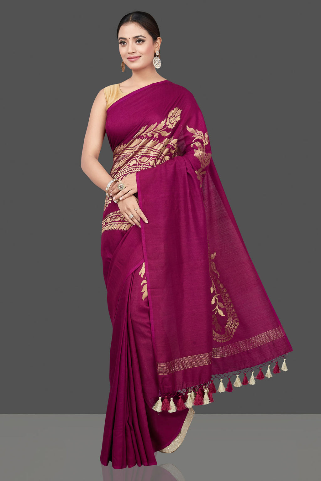 Shop magenta Muga Banarasi sari online in USA with zari work. Get your hands on beautiful Indian handloom sarees, pure silk saris, designer sarees, embroidered sarees, Banarasi sarees from Pure Elegance Indian fashion store in USA.-full view