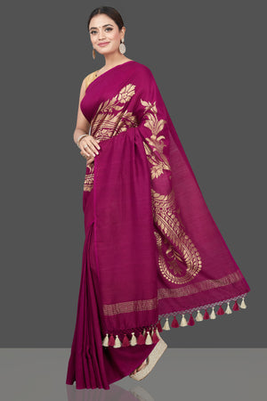 Shop magenta Muga Banarasi sari online in USA with zari work. Get your hands on beautiful Indian handloom sarees, pure silk saris, designer sarees, embroidered sarees, Banarasi sarees from Pure Elegance Indian fashion store in USA.-pallu