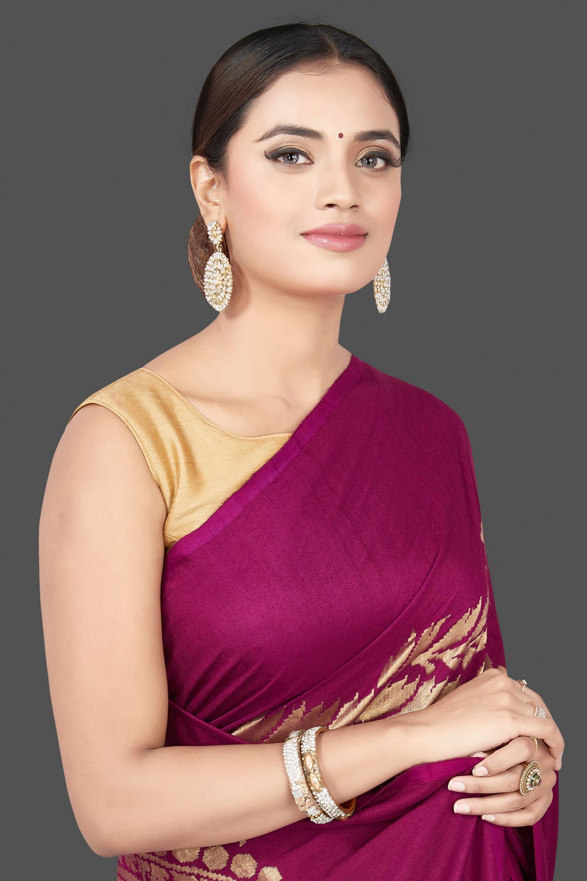 Shop magenta Muga Banarasi sari online in USA with zari work. Get your hands on beautiful Indian handloom sarees, pure silk saris, designer sarees, embroidered sarees, Banarasi sarees from Pure Elegance Indian fashion store in USA.-closeup