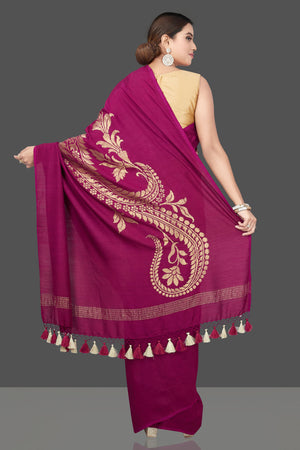 Shop magenta Muga Banarasi sari online in USA with zari work. Get your hands on beautiful Indian handloom sarees, pure silk saris, designer sarees, embroidered sarees, Banarasi sarees from Pure Elegance Indian fashion store in USA.-back