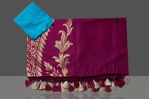 Shop magenta Muga Banarasi sari online in USA with zari work. Get your hands on beautiful Indian handloom sarees, pure silk saris, designer sarees, embroidered sarees, Banarasi sarees from Pure Elegance Indian fashion store in USA.-blouse