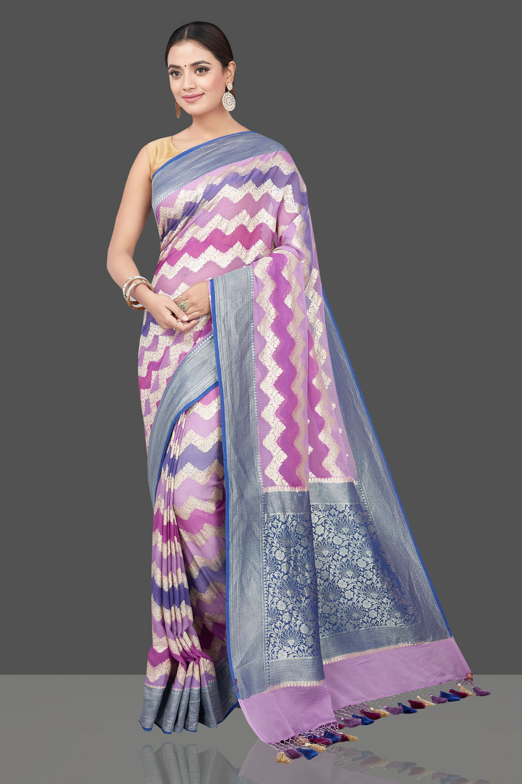 Shop stunning shaded lavender sari online in USA with chevron zari pattern. Get your hands on beautiful Indian handloom sarees, pure silk saris, designer sarees, embroidered sarees, Banarasi sarees from Pure Elegance Indian fashion store in USA.-full view