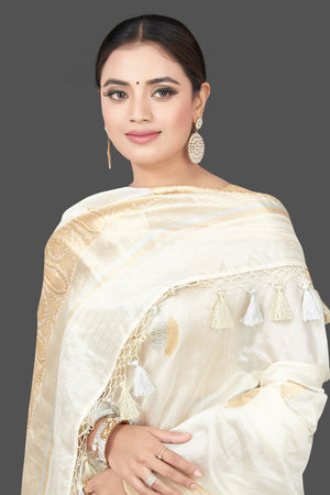 Buy beautiful cream chenya silk sari online in USA with zari border. Get your hands on beautiful Indian handloom sarees, pure silk saris, designer sarees, embroidered sarees, Banarasi sarees from Pure Elegance Indian fashion store in USA.-closeup