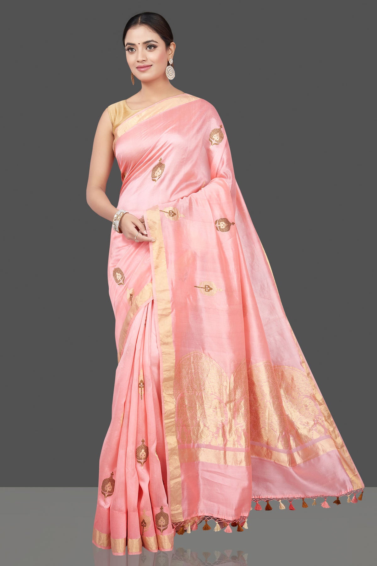 Buy beautiful light pink chenya silk saree online in USA with zari border. Get your hands on beautiful Indian handloom sarees, pure silk saris, designer sarees, embroidered sarees, Banarasi sarees from Pure Elegance Indian fashion store in USA.-full view