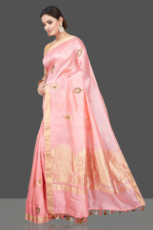 Buy beautiful light pink chenya silk saree online in USA with zari border. Get your hands on beautiful Indian handloom sarees, pure silk saris, designer sarees, embroidered sarees, Banarasi sarees from Pure Elegance Indian fashion store in USA.-pallu