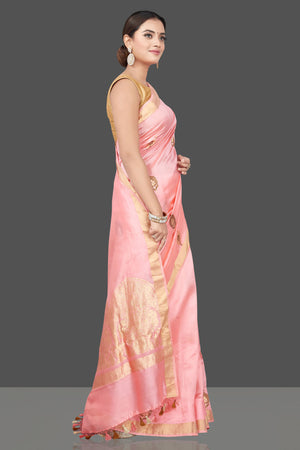 Buy beautiful light pink chenya silk saree online in USA with zari border. Get your hands on beautiful Indian handloom sarees, pure silk saris, designer sarees, embroidered sarees, Banarasi sarees from Pure Elegance Indian fashion store in USA.-side