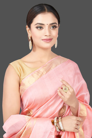 Buy beautiful light pink chenya silk saree online in USA with zari border. Get your hands on beautiful Indian handloom sarees, pure silk saris, designer sarees, embroidered sarees, Banarasi sarees from Pure Elegance Indian fashion store in USA.-closeup