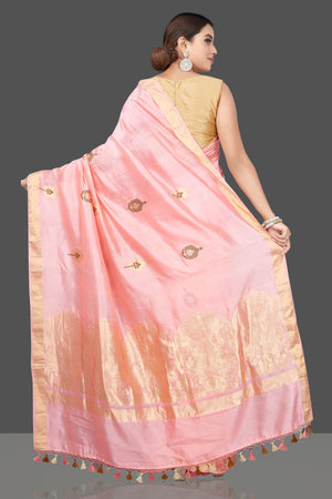 Buy beautiful light pink chenya silk saree online in USA with zari border. Get your hands on beautiful Indian handloom sarees, pure silk saris, designer sarees, embroidered sarees, Banarasi sarees from Pure Elegance Indian fashion store in USA.-back