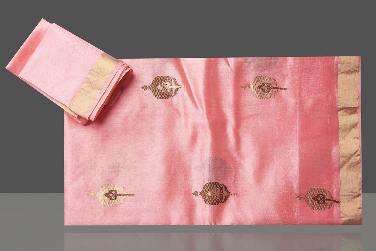 Buy beautiful light pink chenya silk saree online in USA with zari border. Get your hands on beautiful Indian handloom sarees, pure silk saris, designer sarees, embroidered sarees, Banarasi sarees from Pure Elegance Indian fashion store in USA.-blouse