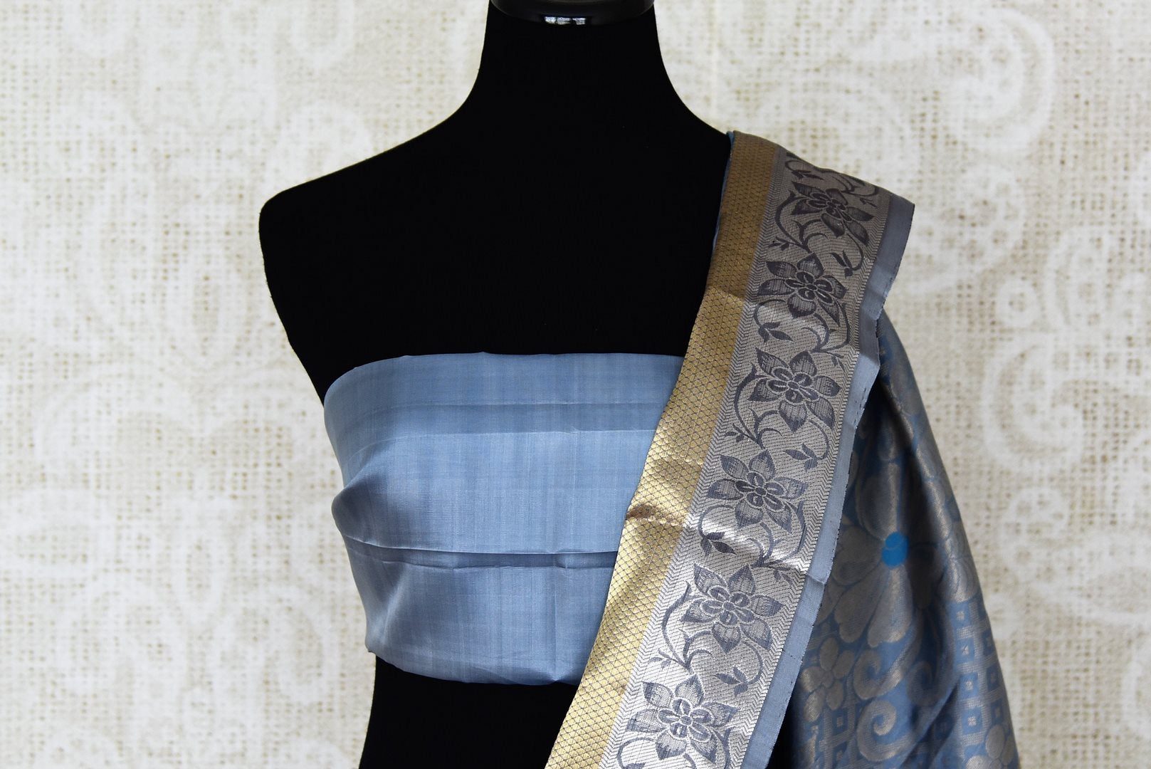 Shop stunning blue Kanji ikkat saree online in USA with zari work. Look attractive on special occasions in the beautiful silk sarees, designer saris, embroidered saris, handwoven saris from Pure Elegance Indian fashion store in USA.-blouse pallu