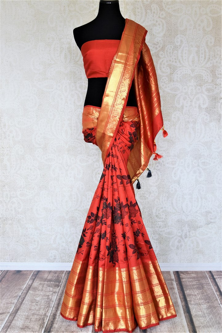 Buy beautiful red Gadhwal silk printed saree online in USA with golden zari border. Look attractive on special occasions in the beautiful silk sarees, designer saris, embroidered sarees, handwoven saris from Pure Elegance Indian fashion store in USA.-full view