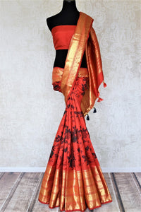 Buy beautiful red Gadhwal silk printed saree online in USA with golden zari border. Look attractive on special occasions in the beautiful silk sarees, designer saris, embroidered sarees, handwoven saris from Pure Elegance Indian fashion store in USA.-full view