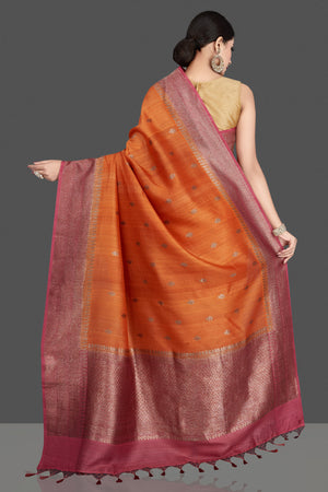 90L339-RO Rust Orange Tussar Silk Sari with Pink Zari Border