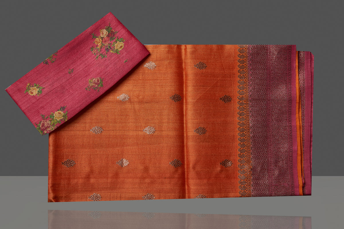 Shop gorgeous rust orange tussar silk saree online in USA with pink antique golden zari border. Be the center of attraction at weddings and special occasions in exquisite designer sarees, handwoven silk saris, embroidered sarees, pure silk sarees from Pure Elegance Indian fashion store in USA.-blouse
