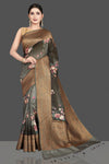 Buy beautiful ombre grey floral tussar silk sari online in USA with golden zari border. Be the center of attraction at weddings and special occasions in exquisite designer sarees, handwoven silk saris, embroidered sarees, pure silk sarees from Pure Elegance Indian fashion store in USA.-full view