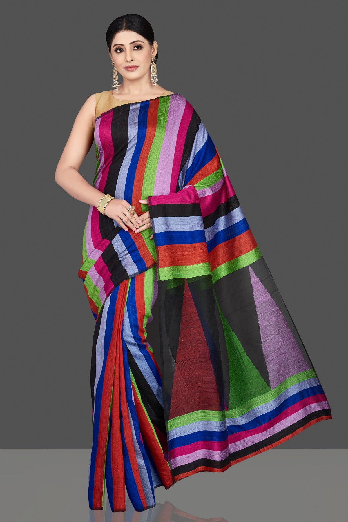 Shop stunning multicolor stripes matka silk sari online in USA. Be the center of attraction at weddings and special occasions in gorgeous designer sarees, handwoven silk sarees, embroidered sarees, pure silk saris from Pure Elegance Indian fashion store in USA.-full view