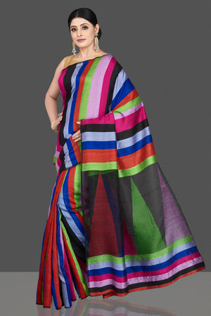 Shop stunning multicolor stripes matka silk sari online in USA. Be the center of attraction at weddings and special occasions in gorgeous designer sarees, handwoven silk sarees, embroidered sarees, pure silk saris from Pure Elegance Indian fashion store in USA.-pallu