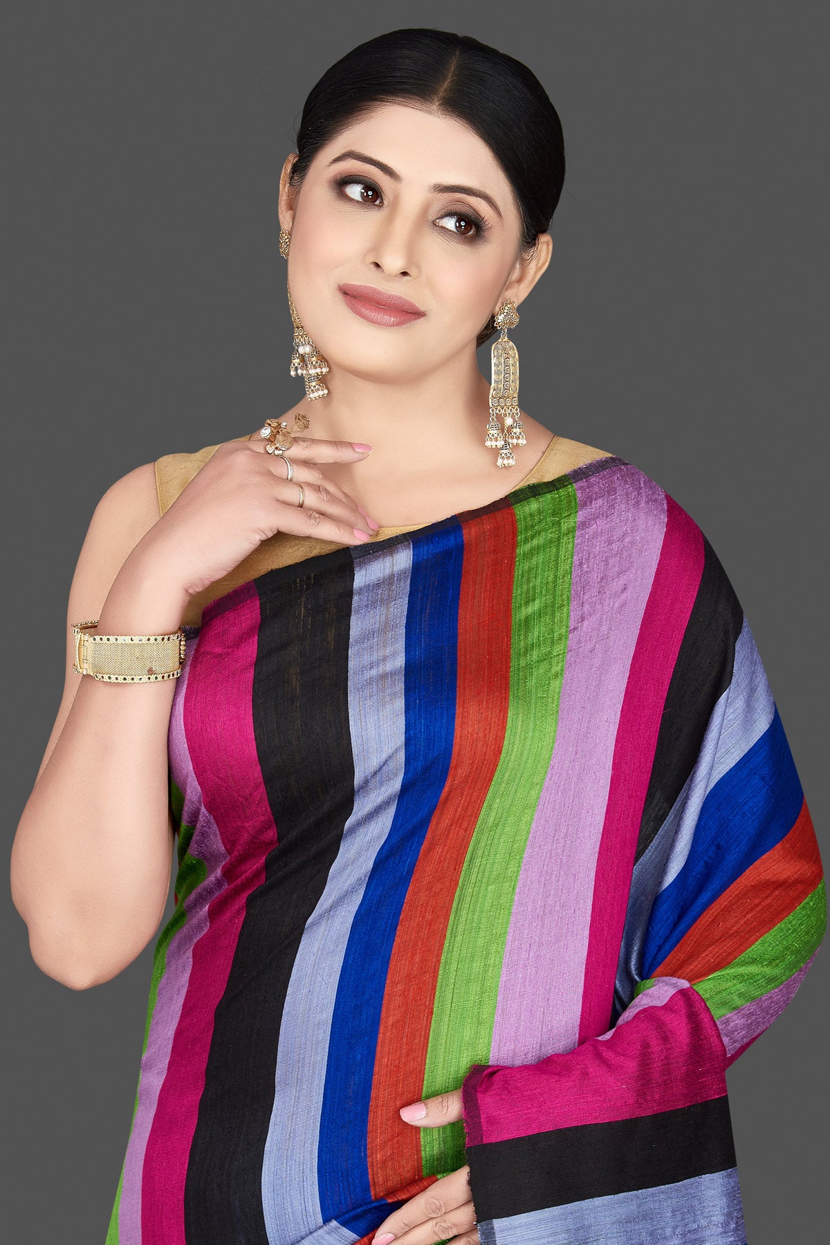 Shop stunning multicolor stripes matka silk sari online in USA. Be the center of attraction at weddings and special occasions in gorgeous designer sarees, handwoven silk sarees, embroidered sarees, pure silk saris from Pure Elegance Indian fashion store in USA.-closeup