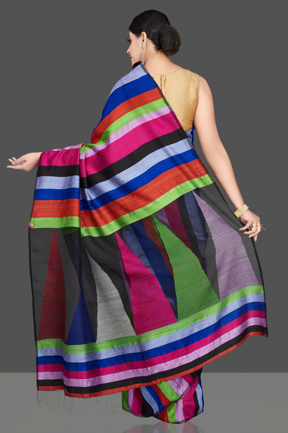 Shop stunning multicolor stripes matka silk sari online in USA. Be the center of attraction at weddings and special occasions in gorgeous designer sarees, handwoven silk sarees, embroidered sarees, pure silk saris from Pure Elegance Indian fashion store in USA.-back