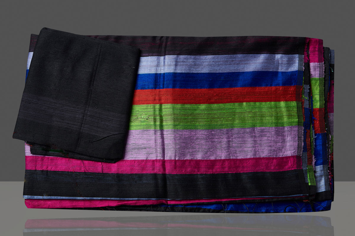 Shop stunning multicolor stripes matka silk sari online in USA. Be the center of attraction at weddings and special occasions in exquisite designer sarees, handwoven silk sarees, embroidered sarees, pure silk sarees from Pure Elegance Indian fashion store in USA.-blouse