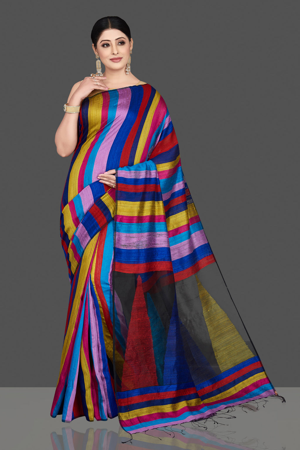 Shop stunning multicolor stripes matka silk sari online in USA. Be the center of attraction at weddings and special occasions in exquisite designer sarees, handwoven silk sarees, embroidered sarees, pure silk sarees from Pure Elegance Indian fashion store in USA.-full view