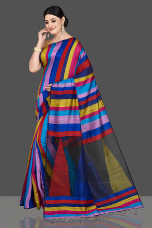 Shop stunning multicolor stripes matka silk sari online in USA. Be the center of attraction at weddings and special occasions in exquisite designer sarees, handwoven silk sarees, embroidered sarees, pure silk sarees from Pure Elegance Indian fashion store in USA.-pallu