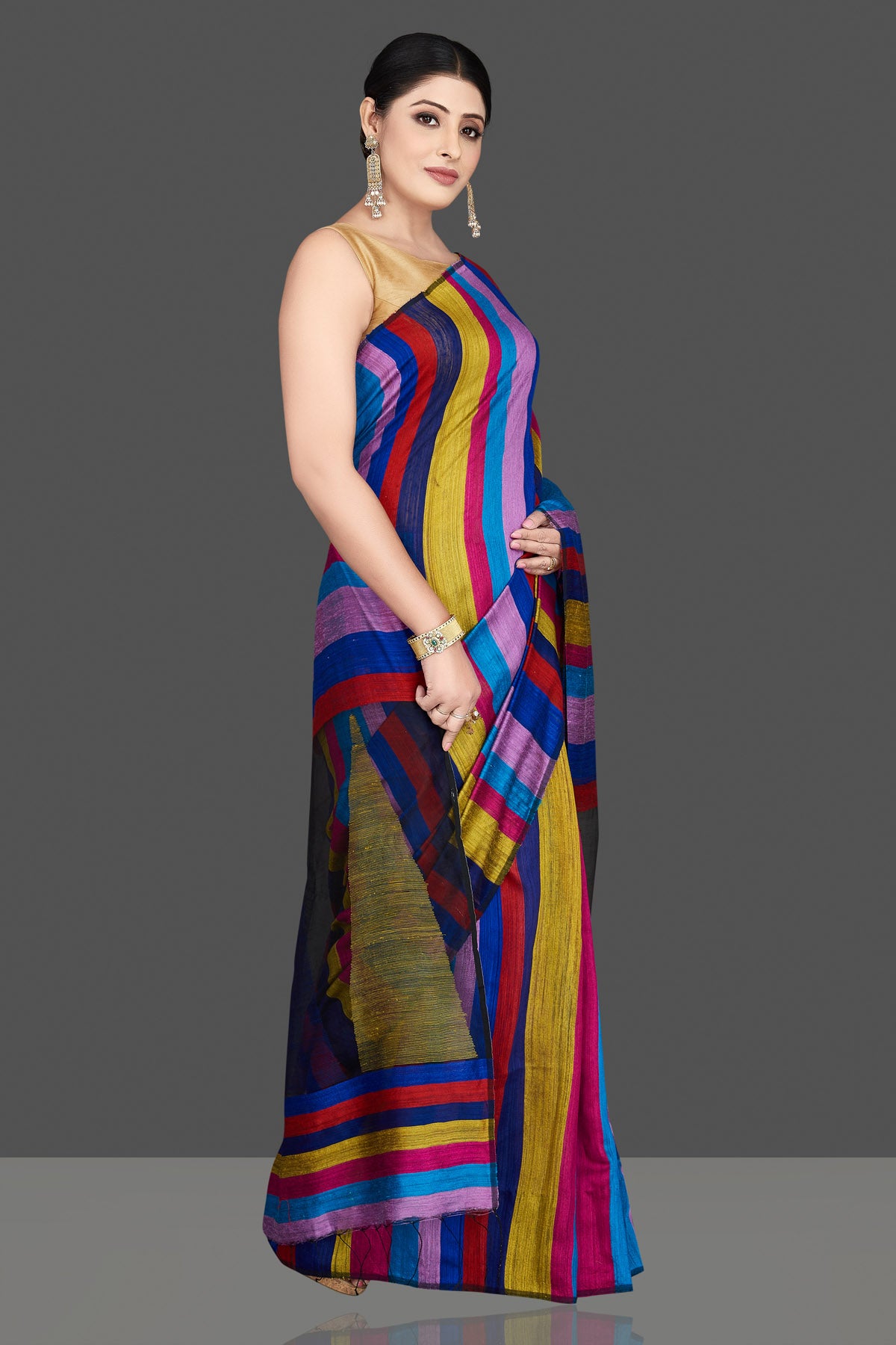 Shop stunning multicolor stripes matka silk sari online in USA. Be the center of attraction at weddings and special occasions in exquisite designer sarees, handwoven silk sarees, embroidered sarees, pure silk sarees from Pure Elegance Indian fashion store in USA.-right