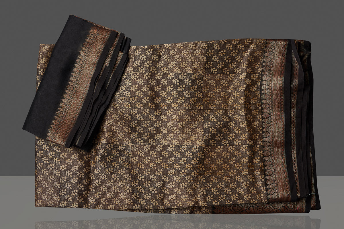 Shop gorgeous brown chanderi cotton silk sari online in USA with antique zari border. Be the center of attraction at weddings and special occasions in exquisite designer sarees, handwoven silk sarees, embroidered saris, pure silk sarees from Pure Elegance Indian fashion store in USA.-blouse