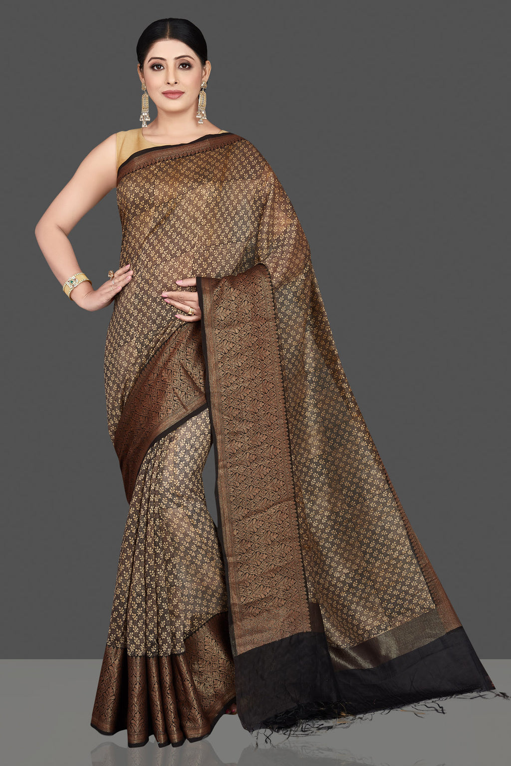 Shop gorgeous brown chanderi cotton silk sari online in USA with antique zari border. Be the center of attraction at weddings and special occasions in exquisite designer sarees, handwoven silk sarees, embroidered saris, pure silk sarees from Pure Elegance Indian fashion store in USA.-full view