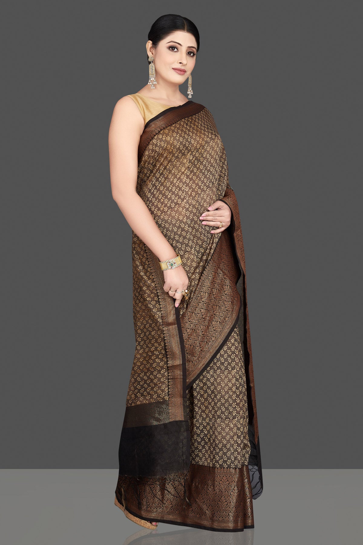 Shop gorgeous brown chanderi cotton silk sari online in USA with antique zari border. Be the center of attraction at weddings and special occasions in exquisite designer sarees, handwoven silk sarees, embroidered saris, pure silk sarees from Pure Elegance Indian fashion store in USA.-right
