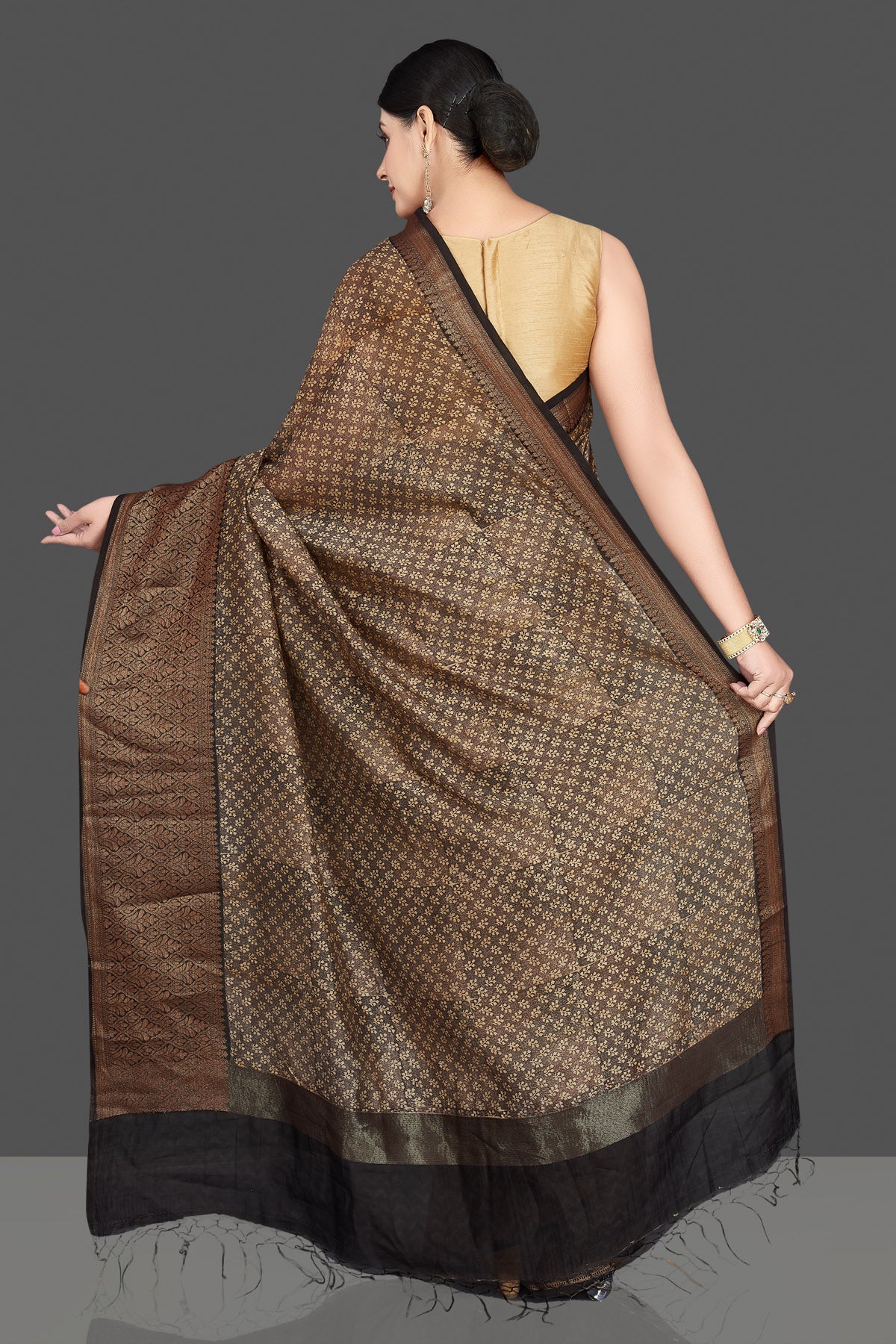 Shop gorgeous brown chanderi cotton silk sari online in USA with antique zari border. Be the center of attraction at weddings and special occasions in exquisite designer sarees, handwoven silk sarees, embroidered saris, pure silk sarees from Pure Elegance Indian fashion store in USA.-back