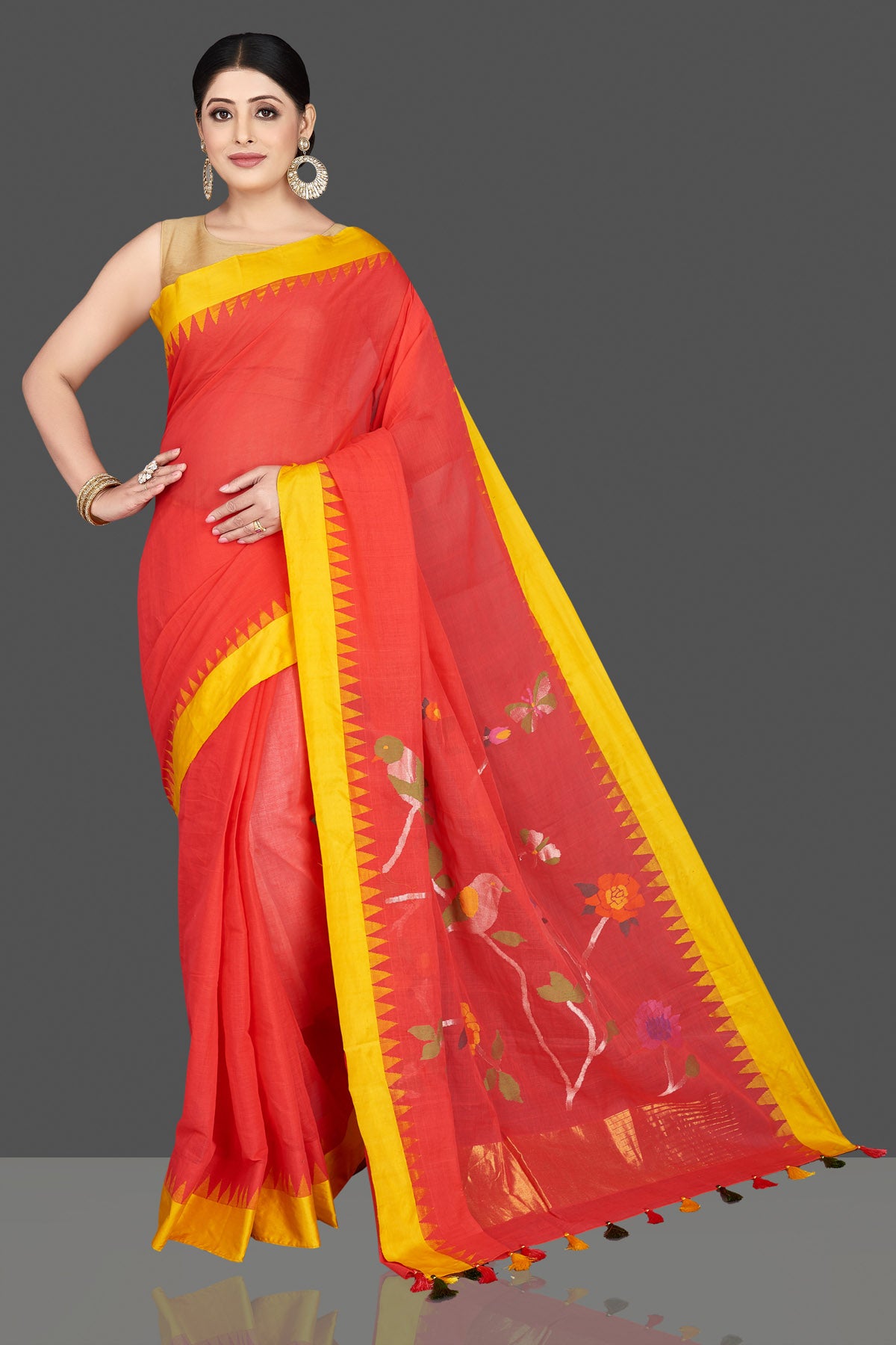 Shop gorgeous red khaddi saree online in USA with bird and floral design pallu. Be the center of attraction at weddings and special occasions in exquisite designer sarees, handwoven silk sarees, embroidered saris, pure silk sarees from Pure Elegance Indian fashion store in USA.-full view
