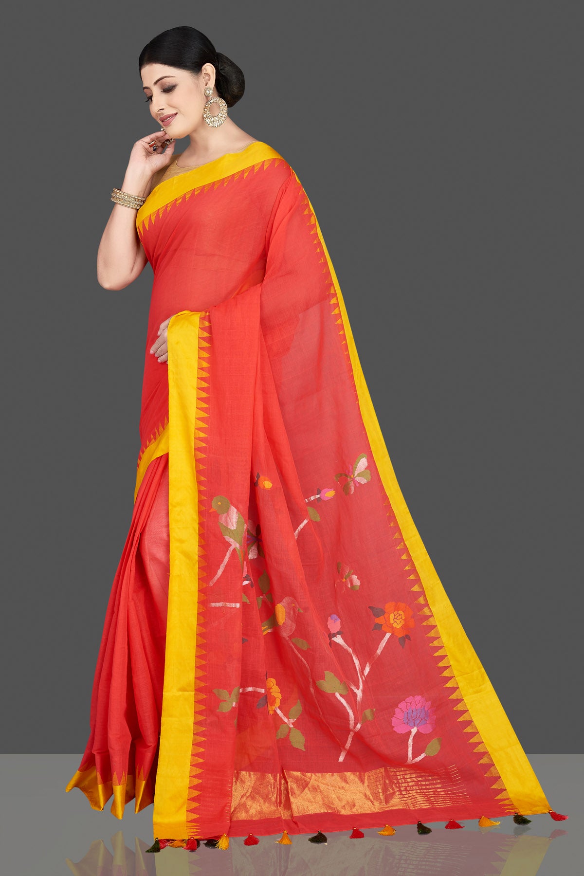 Shop gorgeous red khaddi saree online in USA with bird and floral design pallu. Be the center of attraction at weddings and special occasions in exquisite designer sarees, handwoven silk sarees, embroidered saris, pure silk sarees from Pure Elegance Indian fashion store in USA.-pallu