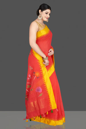 Shop gorgeous red khaddi saree online in USA with bird and floral design pallu. Be the center of attraction at weddings and special occasions in exquisite designer sarees, handwoven silk sarees, embroidered saris, pure silk sarees from Pure Elegance Indian fashion store in USA.-right