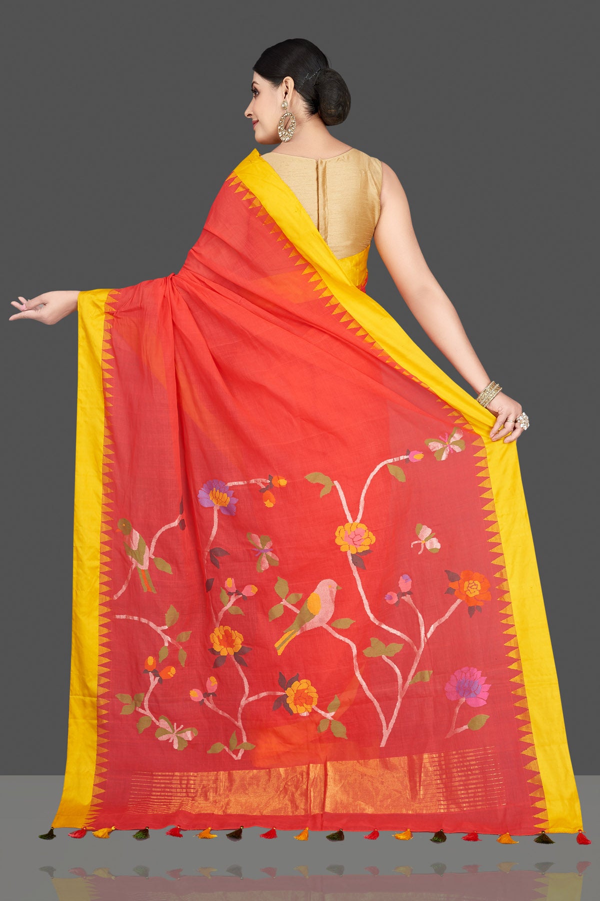 Shop gorgeous red khaddi saree online in USA with bird and floral design pallu. Be the center of attraction at weddings and special occasions in exquisite designer sarees, handwoven silk sarees, embroidered saris, pure silk sarees from Pure Elegance Indian fashion store in USA.-back