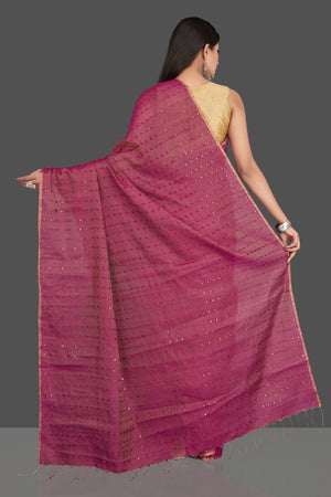 Shop stunning magenta matka silk saree online in USA with golden border. Be the center of attraction at weddings and special occasions in exquisite designer sarees, handwoven silk saris, embroidered sarees, pure silk sarees from Pure Elegance Indian fashion store in USA.-back