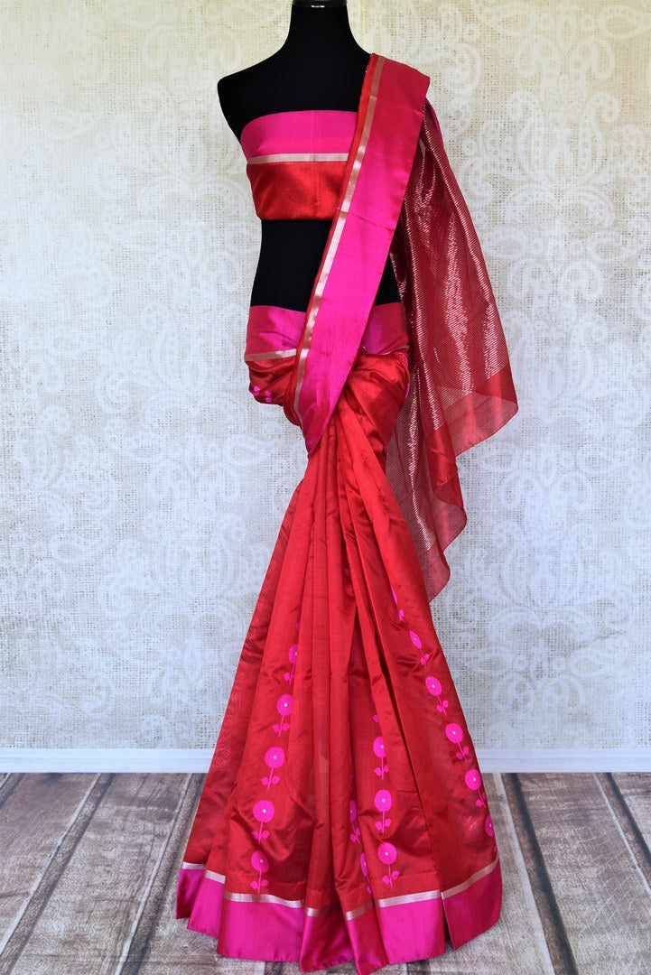 Shop beautiful red chanderi silk saree online in USA with pink border and flower buta. Be the center of attraction at parties and weddings in exclusive Kanchipuram silk sarees, pure silk sarees, handloom silk sarees, Banarasi silk sarees from Pure Elegance Indian fashion store in USA.-full view