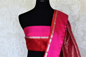 Shop beautiful red chanderi silk saree online in USA with pink border and flower buta. Be the center of attraction at parties and weddings in exclusive Kanchipuram silk sarees, pure silk sarees, handloom silk sarees, Banarasi silk sarees from Pure Elegance Indian fashion store in USA.-blouse pallu