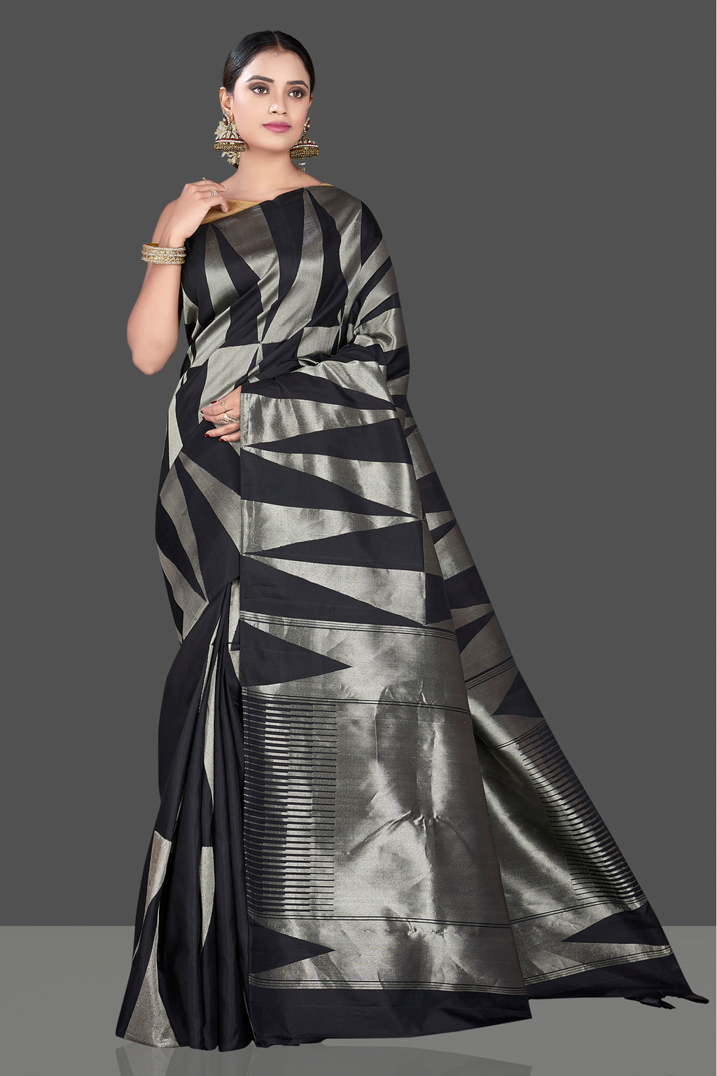 Shop stunning black and silver Kanchipuram saree online in USA. Go for a rich traditional look at weddings and festive occasions in exclusive Kanchipuram silk sarees. south silk sarees, handloom silk sarees, Banarasi saris from Pure Elegance Indian fashion store in USA.-full view