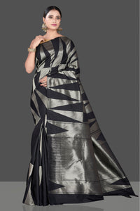 Shop stunning black and silver Kanchipuram saree online in USA. Go for a rich traditional look at weddings and festive occasions in exclusive Kanchipuram silk sarees. south silk sarees, handloom silk sarees, Banarasi saris from Pure Elegance Indian fashion store in USA.-full view