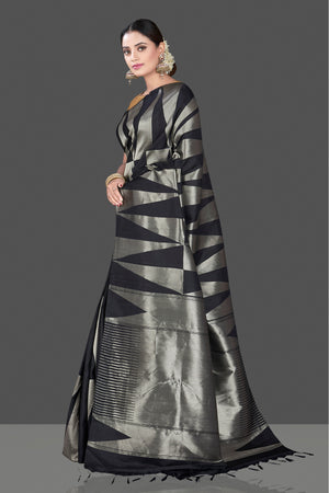 Shop stunning black and silver Kanchipuram saree online in USA. Go for a rich traditional look at weddings and festive occasions in exclusive Kanchipuram silk sarees. south silk sarees, handloom silk sarees, Banarasi saris from Pure Elegance Indian fashion store in USA.-pallu