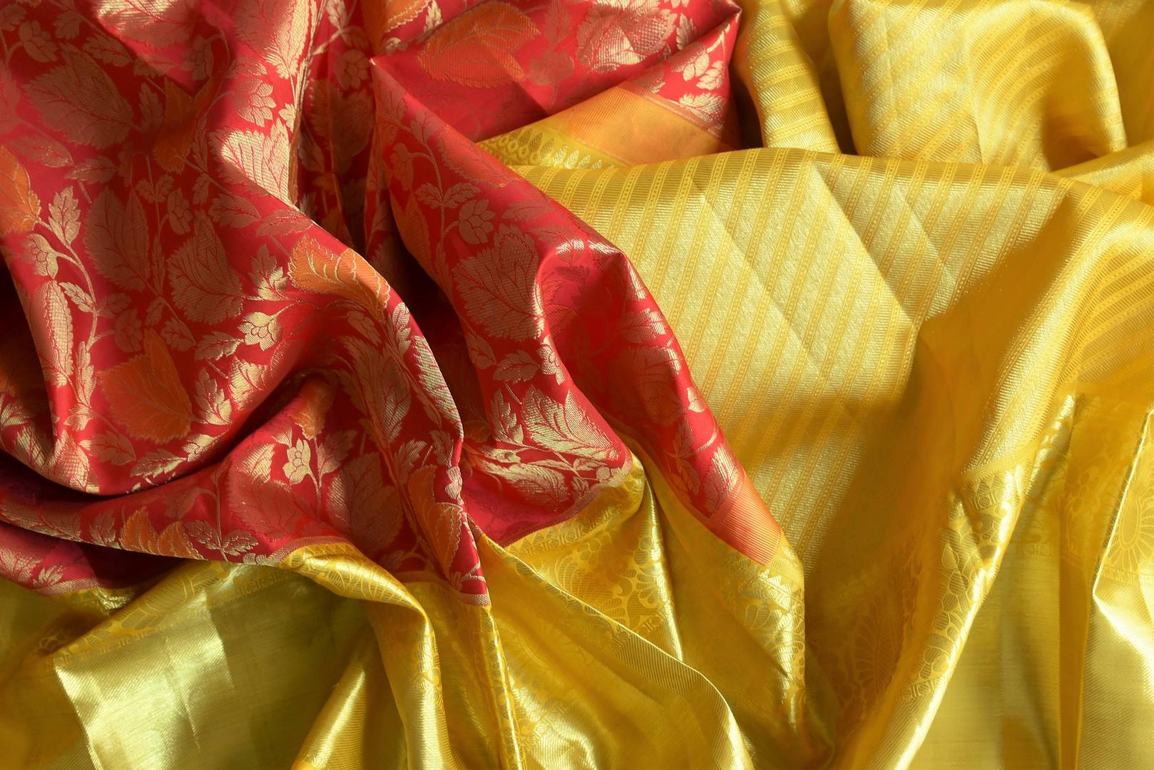 Buy beautiful red zari work Kanjeevaram silk saree online in USA with yellow zari border. Be the center of attraction at parties and weddings in exclusive Kanchipuram silk sarees, pure silk sarees, handloom silk sarees, Banarasi silk sarees from Pure Elegance Indian fashion store in USA.-details