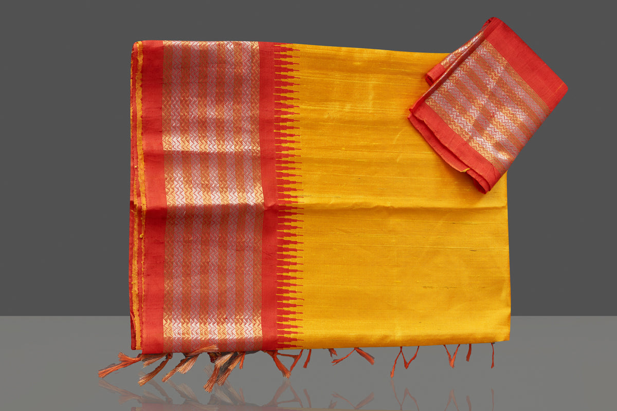 Shop gorgeous yellow silk saree online in USA with red tissue zari border. Look traditional on special occasions and weddings in gorgeous silk sarees, Kanjivaram sarees, south silk sarees, handloom silk sarees from Pure Elegance Indian saree store in USA.-blouse