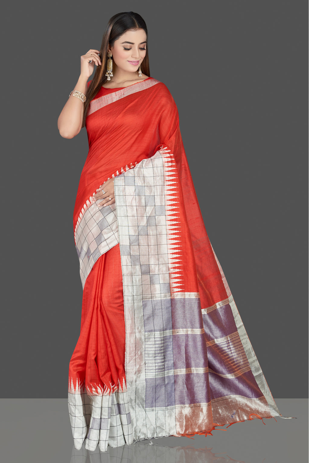 Shop stunning red silk sari online in USA with tissue border. Look traditional on special occasions and weddings in gorgeous silk sarees, Kanjivaram sarees, south silk sarees, handloom silk sarees from Pure Elegance Indian saree store in USA.-full view