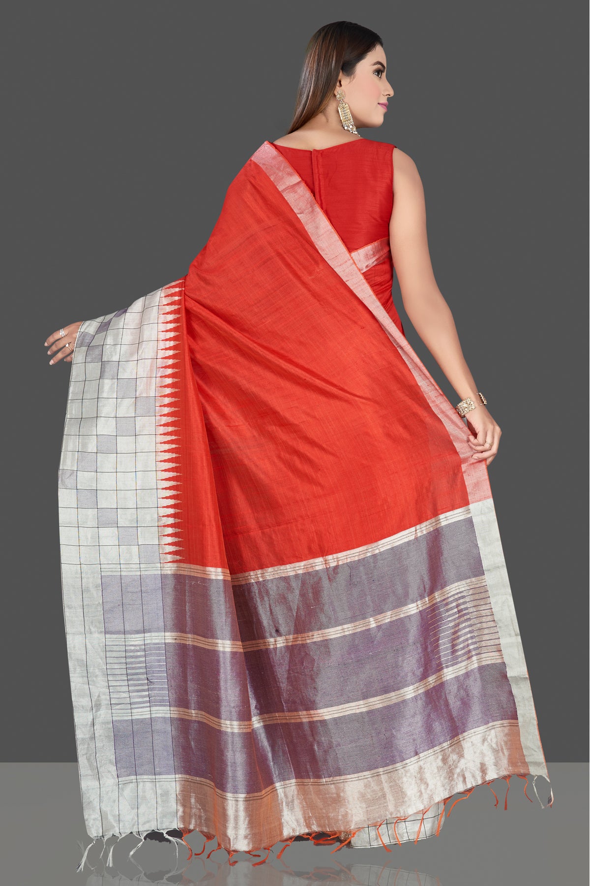 Shop stunning red silk sari online in USA with tissue border. Look traditional on special occasions and weddings in gorgeous silk sarees, Kanjivaram sarees, south silk sarees, handloom silk sarees from Pure Elegance Indian saree store in USA.-back