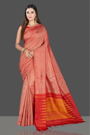 Shop stunning pink silk saree online in USA with mustard and red pallu. Look traditional on special occasions and weddings in gorgeous silk sarees, Kanjivaram sarees, south silk sarees, handloom silk sarees from Pure Elegance Indian saree store in USA.-front