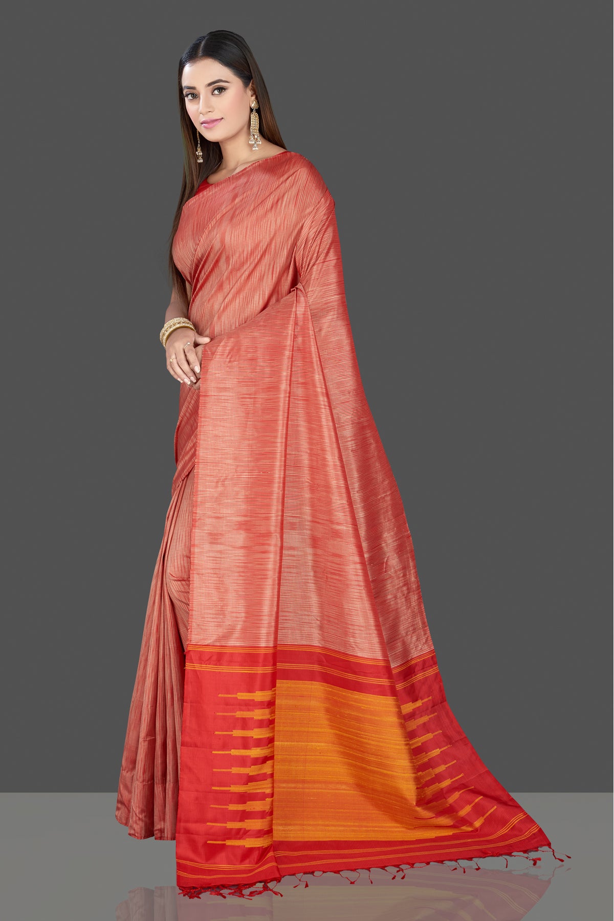 Shop stunning pink silk saree online in USA with mustard and red pallu. Look traditional on special occasions and weddings in gorgeous silk sarees, Kanjivaram sarees, south silk sarees, handloom silk sarees from Pure Elegance Indian saree store in USA.-full view