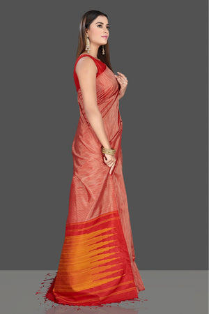 Shop stunning pink silk saree online in USA with mustard and red pallu. Look traditional on special occasions and weddings in gorgeous silk sarees, Kanjivaram sarees, south silk sarees, handloom silk sarees from Pure Elegance Indian saree store in USA.-right