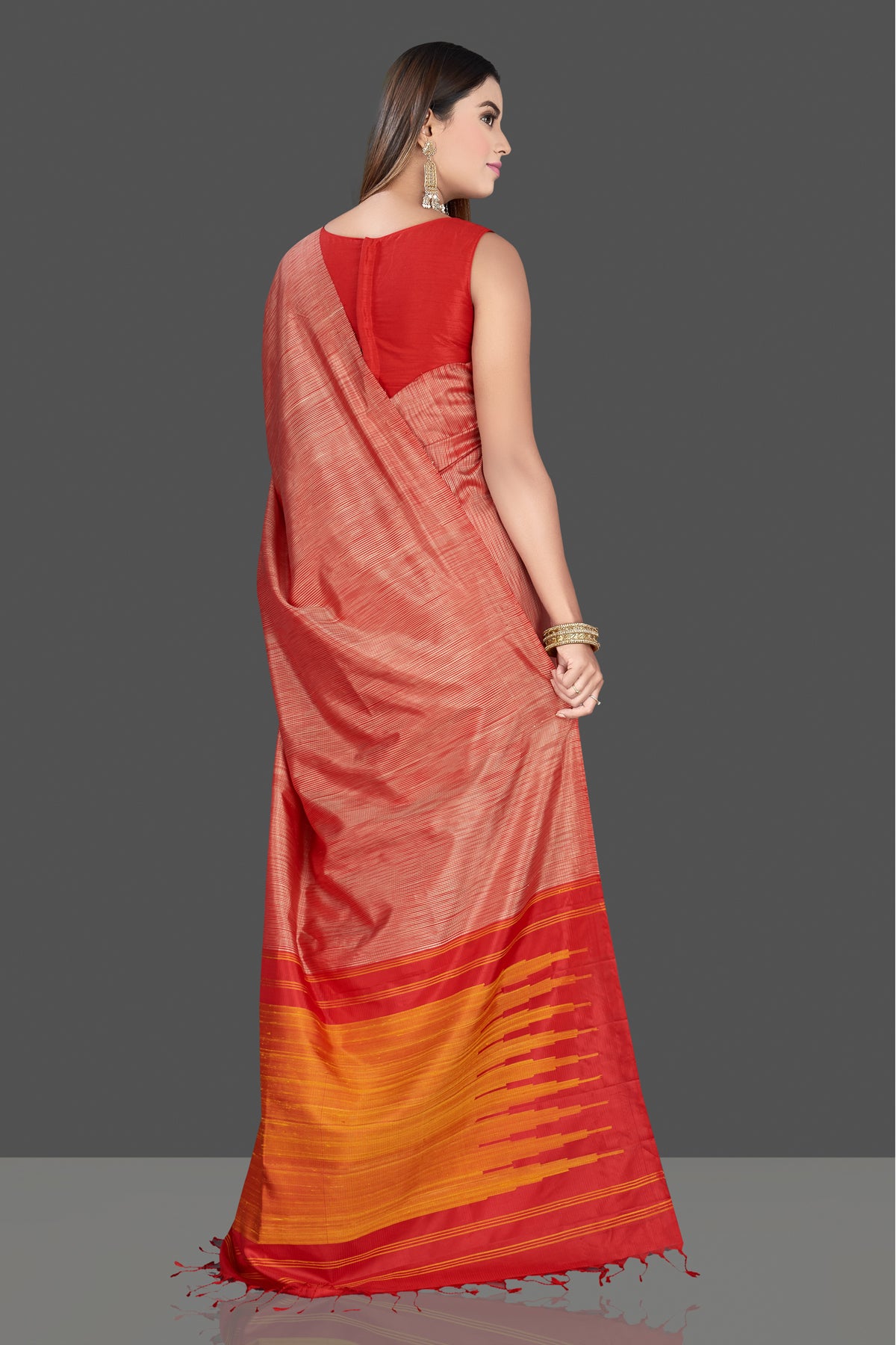 Shop stunning pink silk saree online in USA with mustard and red pallu. Look traditional on special occasions and weddings in gorgeous silk sarees, Kanjivaram sarees, south silk sarees, handloom silk sarees from Pure Elegance Indian saree store in USA.-back