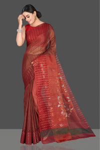 Shop stunning maroon muslin Jamdani saree online in USA with sequin border. Radiate traditional elegance on festive occasions in beautiful handloom silk sarees, paithani sarees, Lucknowi sarees, embroidered sarees from Pure Elegance Indian saree store in USA.-full view